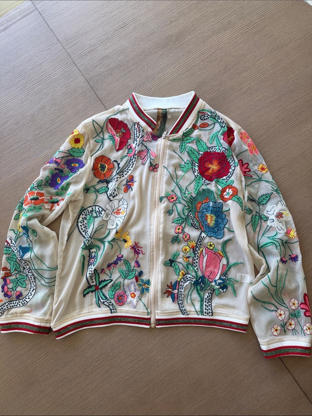 Aratta Embroidered Floral Bomber Jacket in Cream with Multicolor Blooms